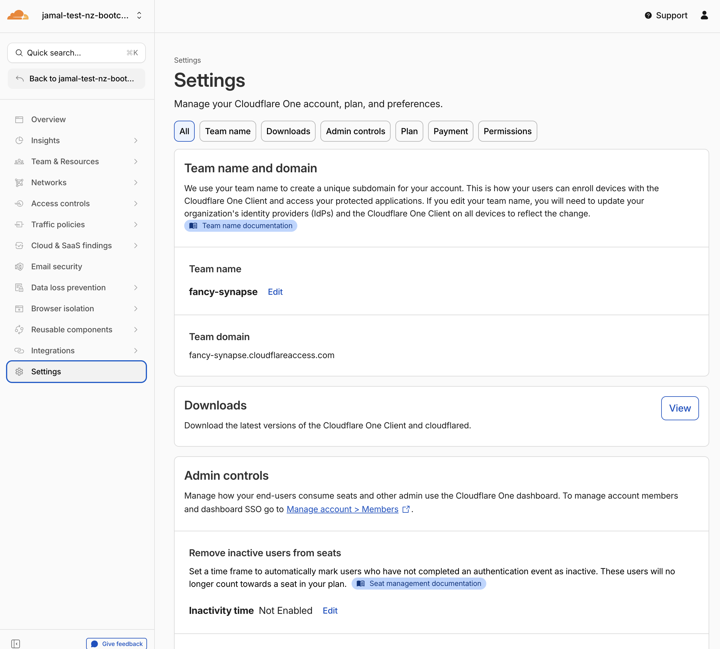 Settings page