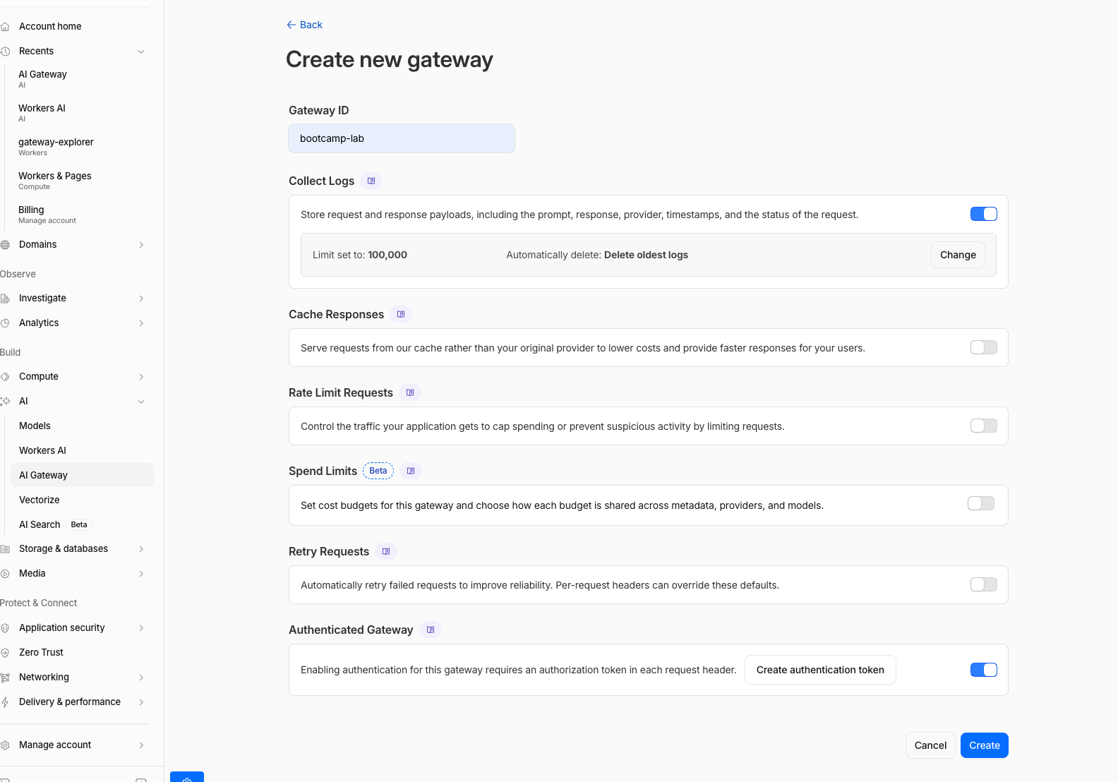 Create AI Gateway dialog with Collect logs and Authenticated Gateway enabled