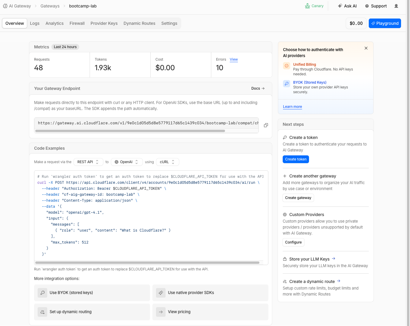Next steps panel showing Create token button after gateway creation