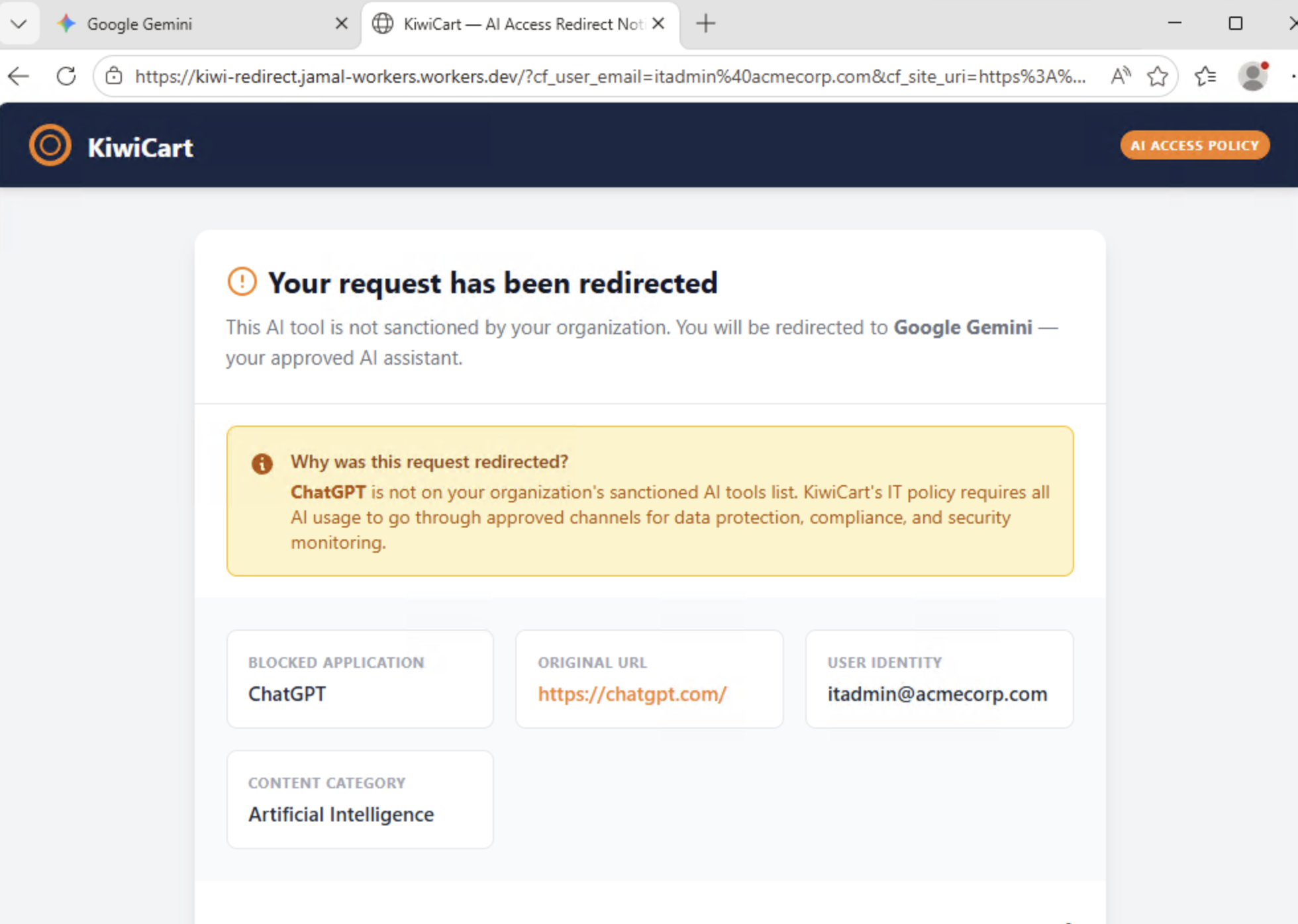 Redirect notice page