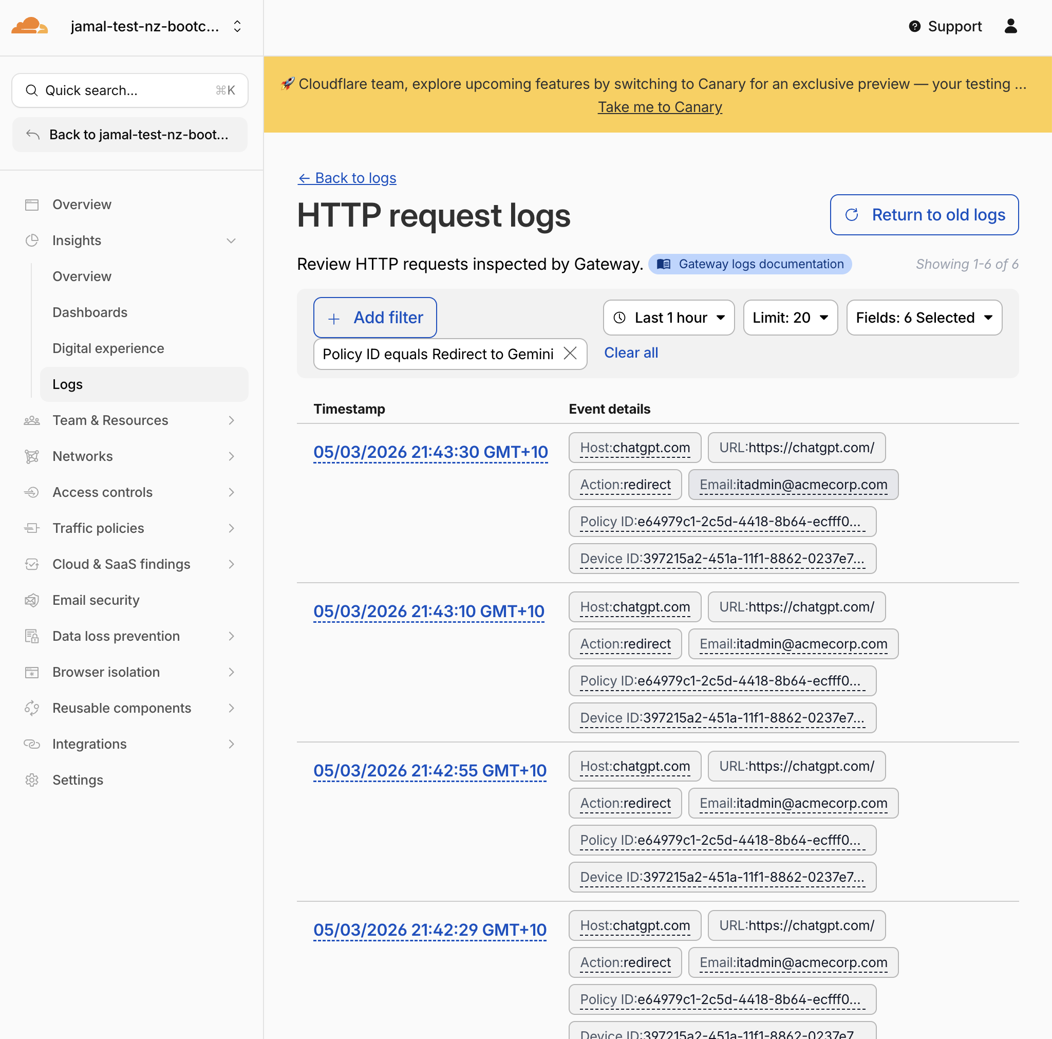 Gateway redirect logs
