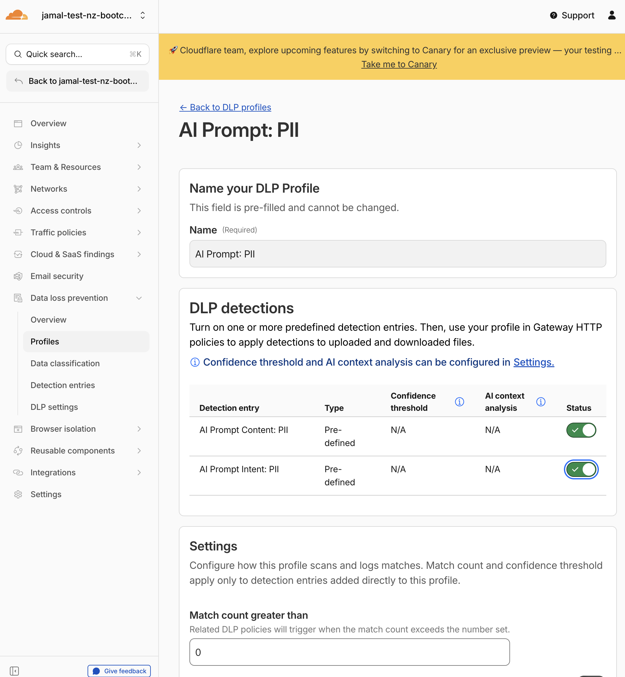 Enable PII detection entries