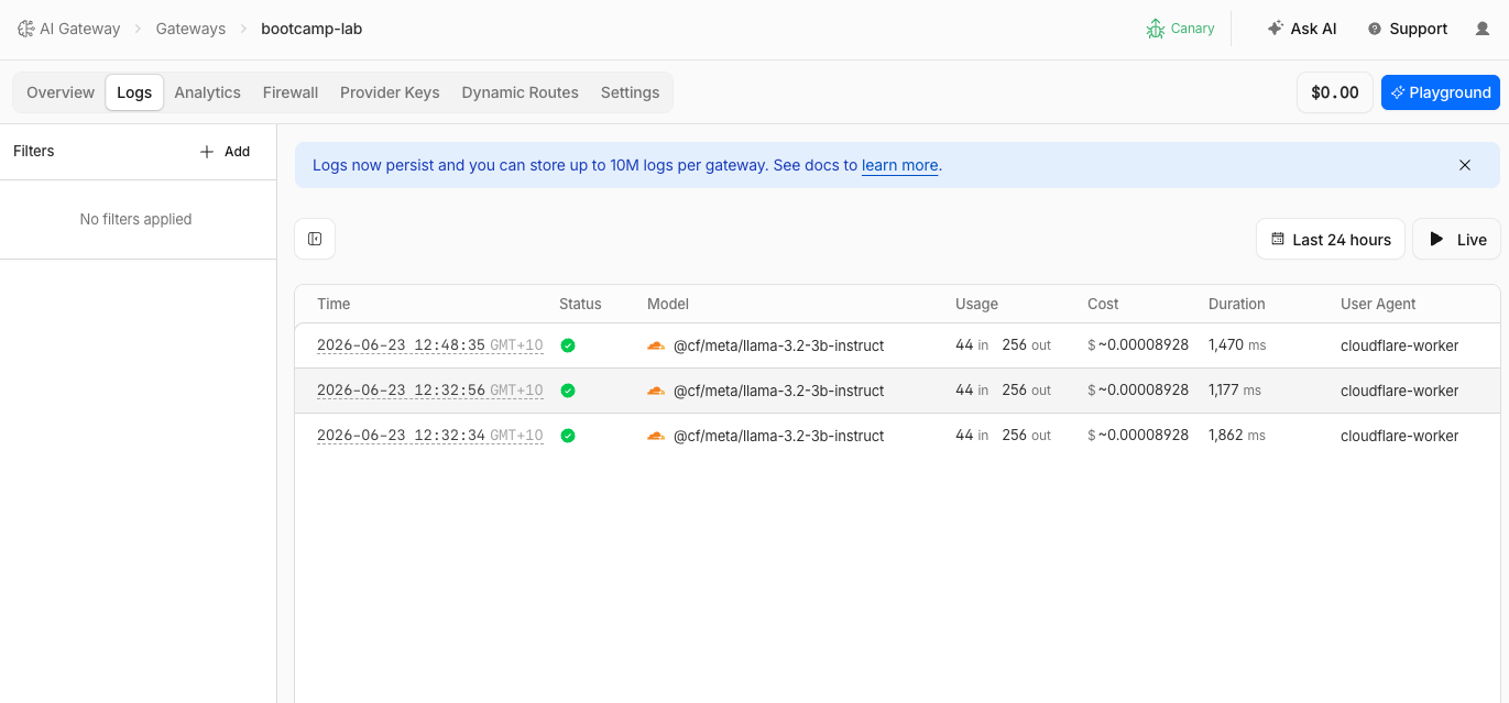 Gateway logs list showing first request