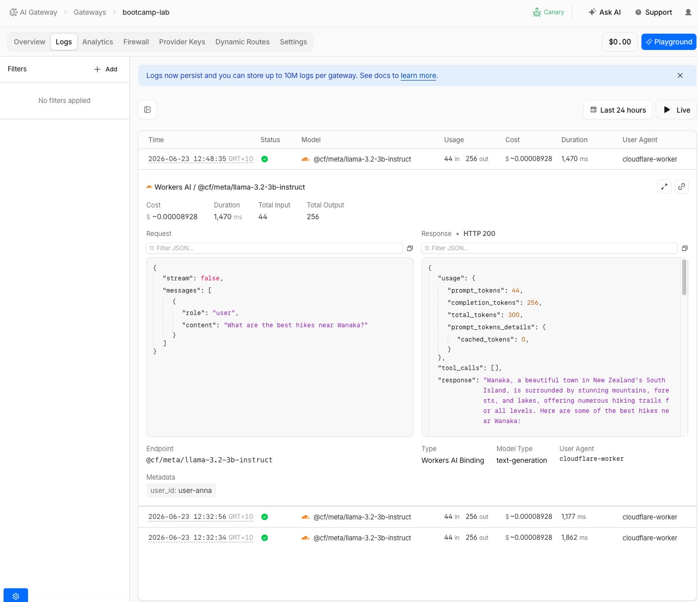 Expanded log entry showing prompt, response, tokens, cost, and metadata