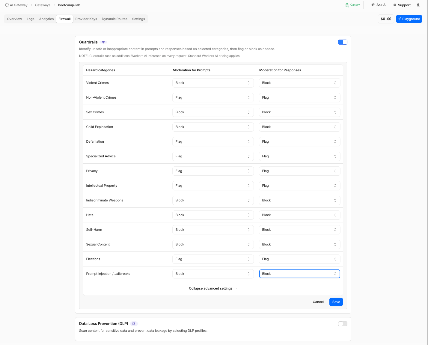 Guardrails settings with safety categories configured