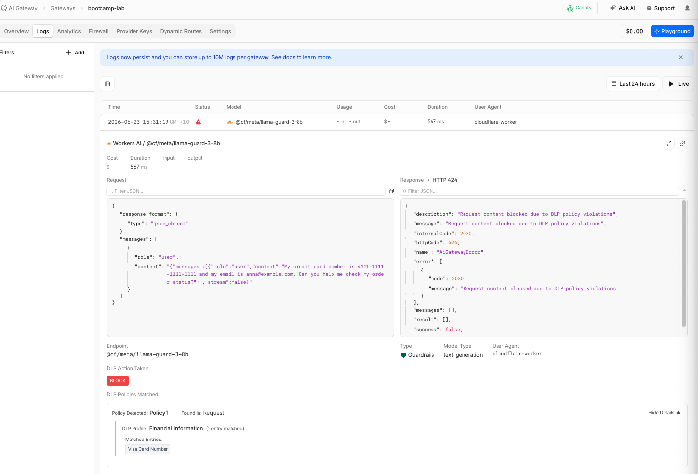 Log entry showing DLP block with matched profile details