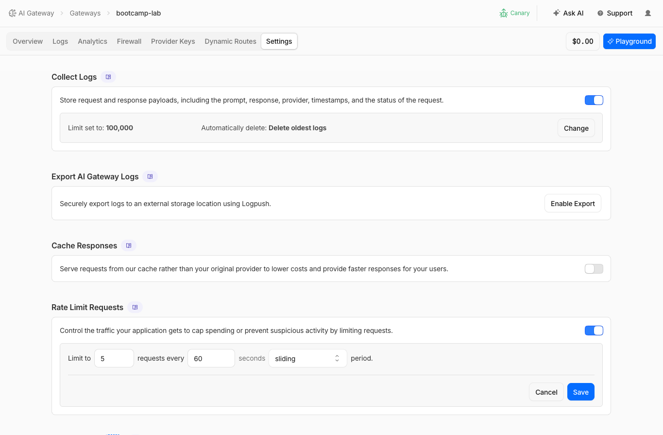 Rate limiting settings configured